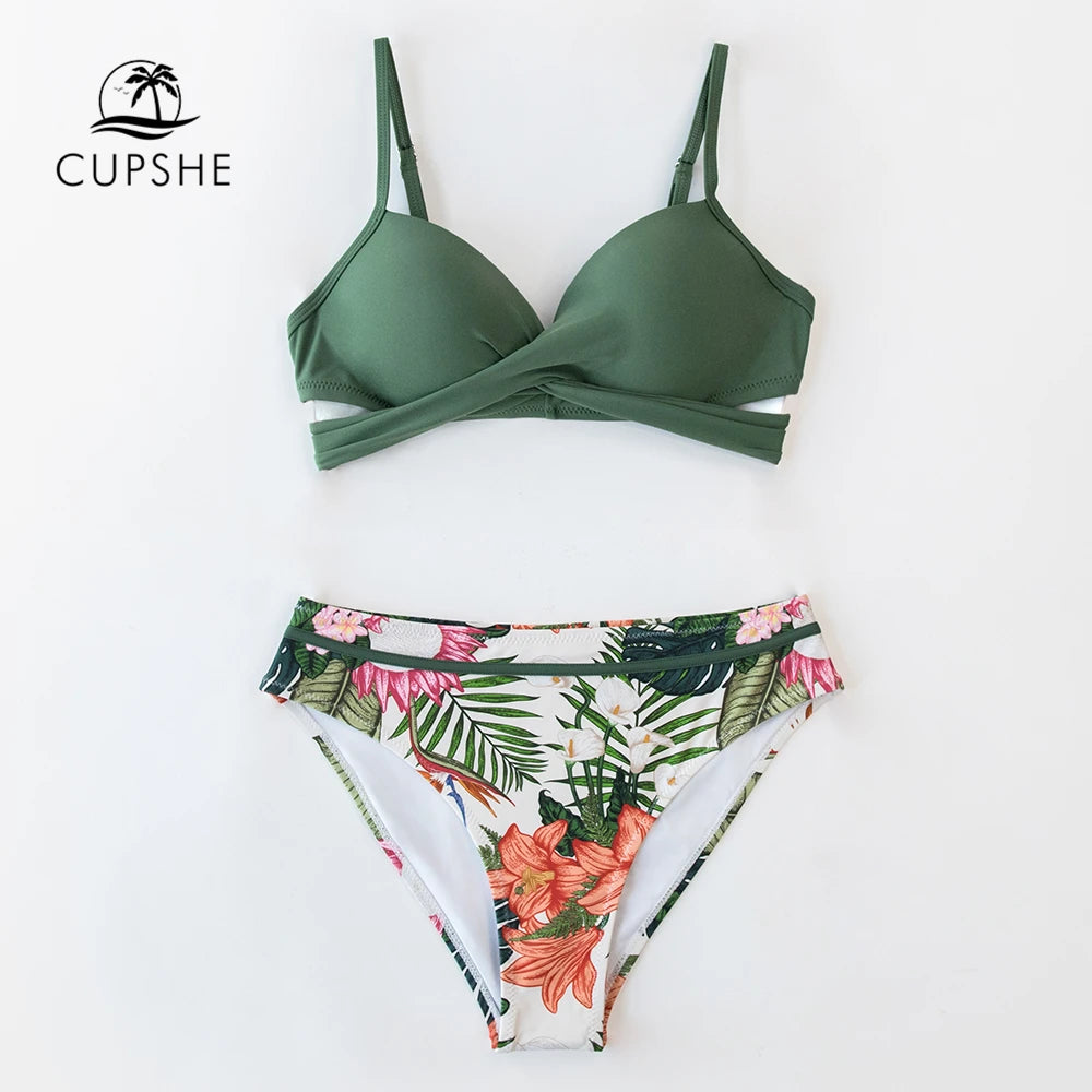 Green Floral Push Up Mid-Waist Bikini Set - Elegant Spandex Botanical