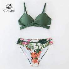 Green Floral Push Up Mid-Waist Bikini Set - Elegant Spandex Botanical