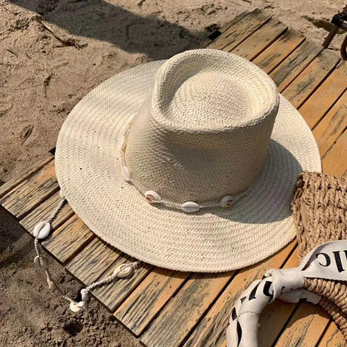 Beach Hat with Seashells Beaded Chain - Lightweight Natural Straw Coastal Design