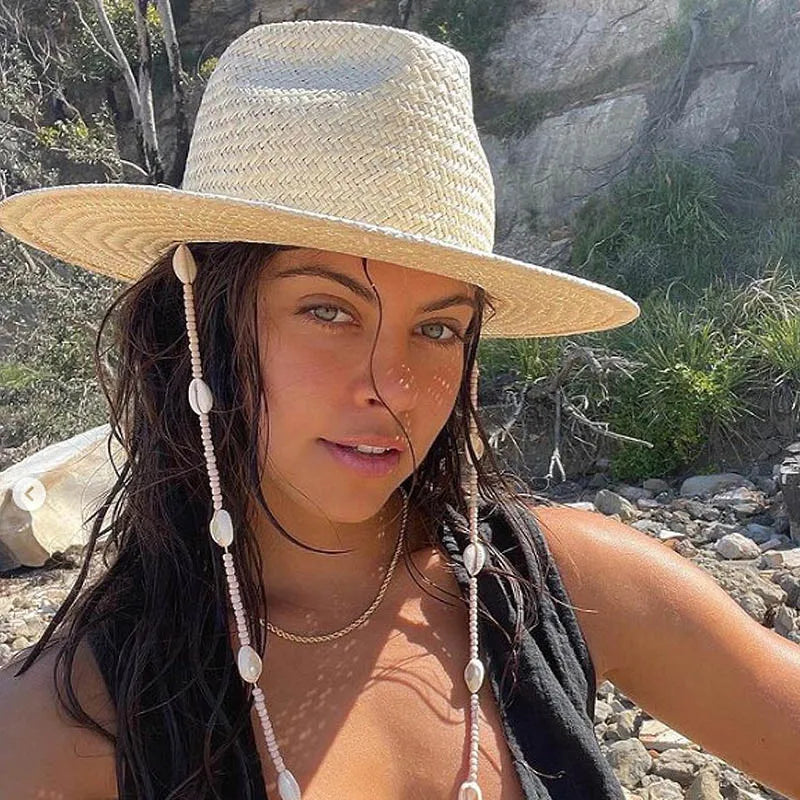 Beach Hat with Seashells Beaded Chain - Lightweight Natural Straw Coastal Design