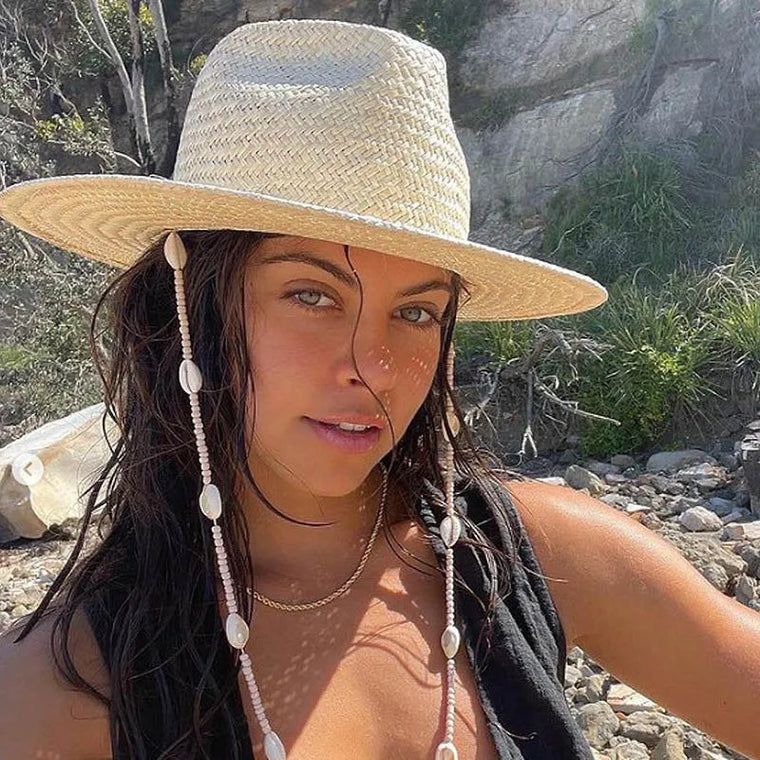Beach Hat with Seashells Beaded Chain - Lightweight Natural Straw Coastal Design
