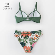 Green Floral Push Up Mid-Waist Bikini Set - Elegant Spandex Botanical