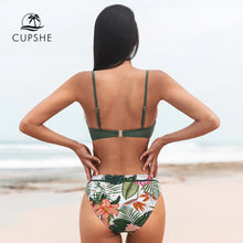 Green Floral Push Up Mid-Waist Bikini Set - Elegant Spandex Botanical