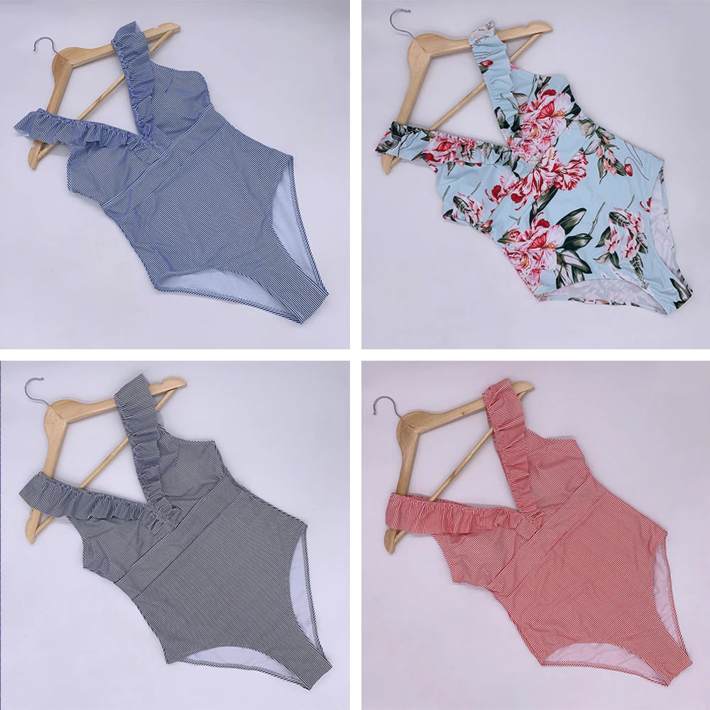 Striped Ruffled One-Piece Swimwear - Spandex Polyester Unique Feminine