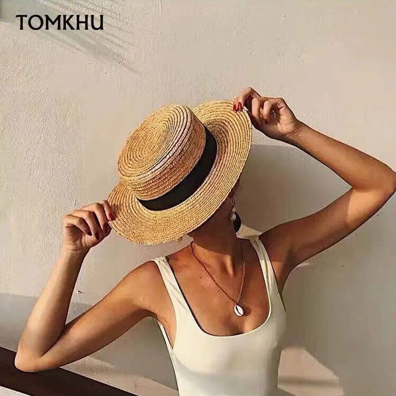 Summer Straw Sun Hat - Breathable Natural Patchwork Pattern Wide Brim