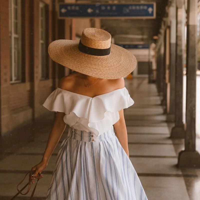 Big Brim Straw Hat - Classic Solid Pattern Adjustable 18cm Brim Style