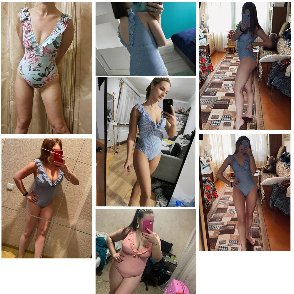 Striped Ruffled One-Piece Swimwear - Spandex Polyester Unique Feminine