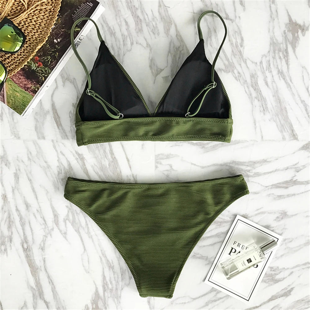 Solid Low Waist Bikini Set - Quick-Dry Elastic Premium Swimwear
