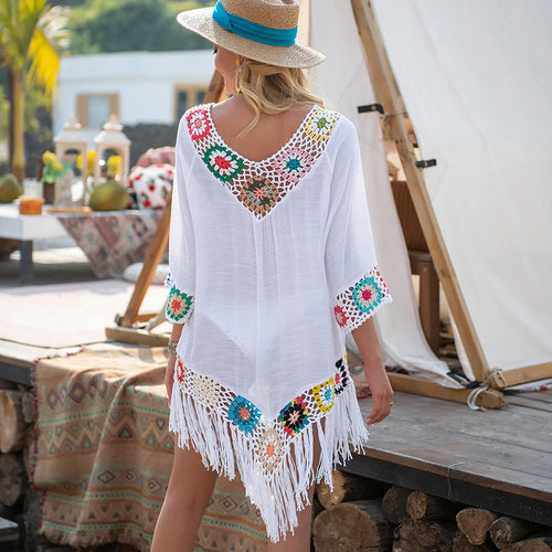 Bikini Cover Up with Fringe Trim - Acrylic Cotton Floral Pattern Boho