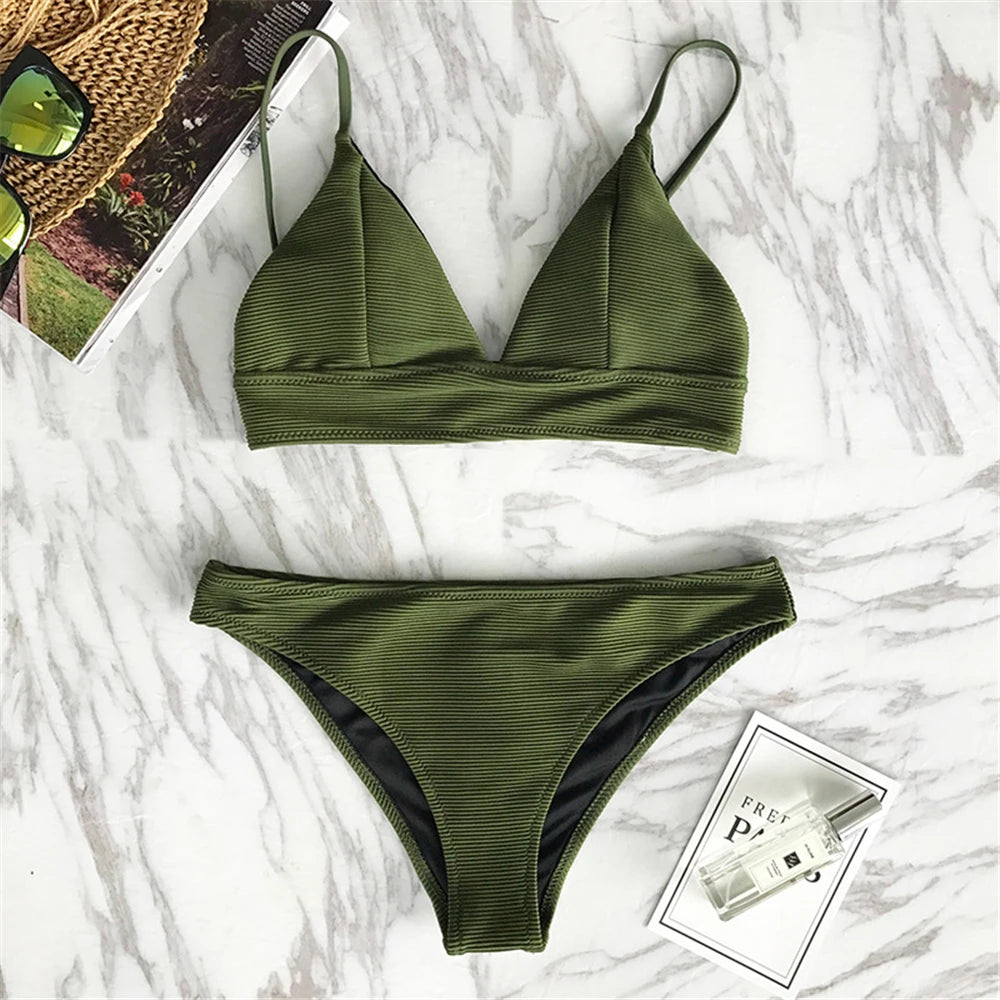 Solid Low Waist Bikini Set - Quick-Dry Elastic Premium Swimwear