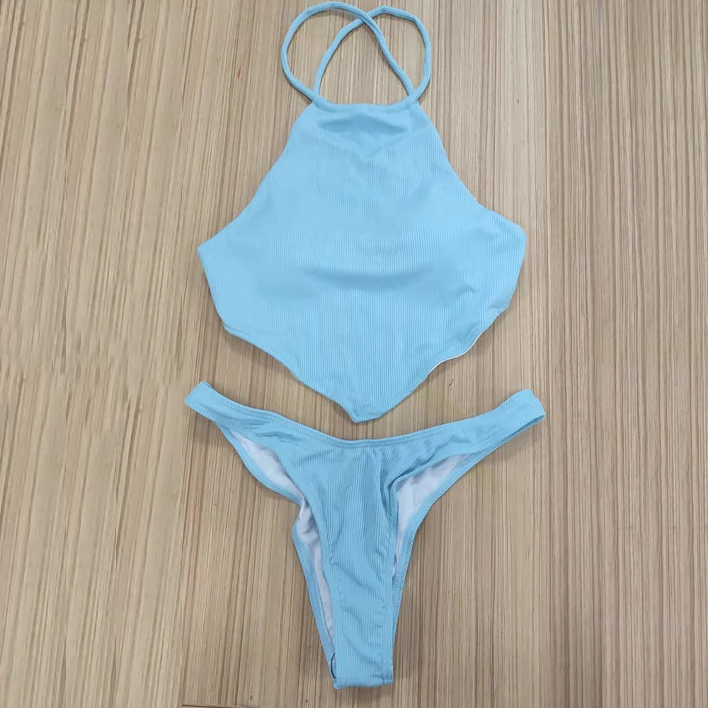 High Neck Bikini Set - Wire-Free Solid Premium Nylon Modern Design