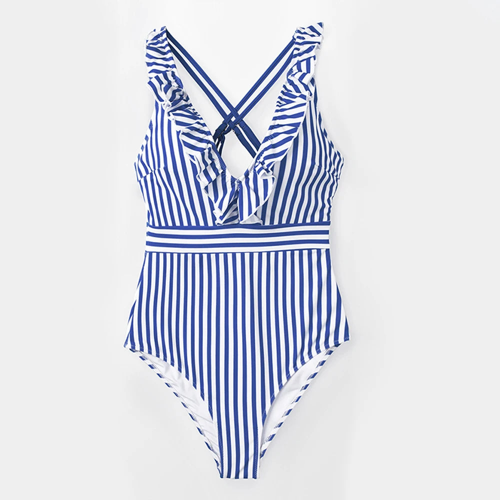 Blue White Striped Ruffled One-Piece Swimsuit - Premium Spandex V-Neck