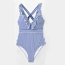 Blue White Striped Ruffled One-Piece Swimsuit - Premium Spandex V-Neck