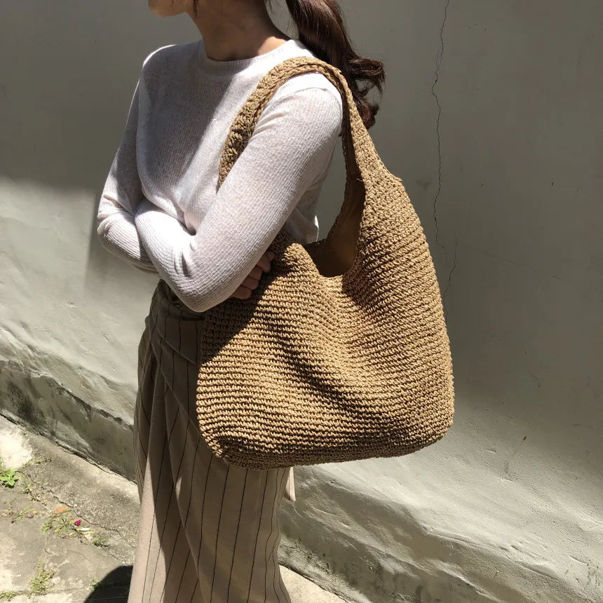 Fashion Straw Shoulder Bag - Genuine Straw Zipper Closure Lightweight Design