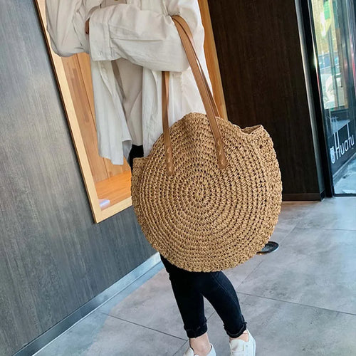 Circle Straw Handbag - Lightweight Natural Straw Circular Design Two Straps