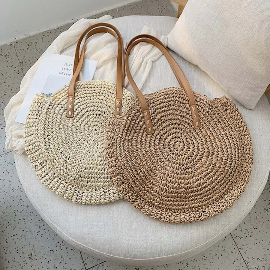 Circle Straw Handbag - Lightweight Natural Straw Circular Design Two Straps