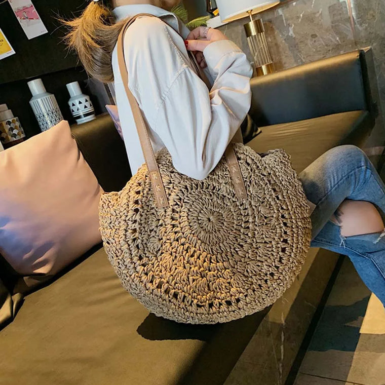 Circle Straw Handbag - Lightweight Natural Straw Circular Design Two Straps