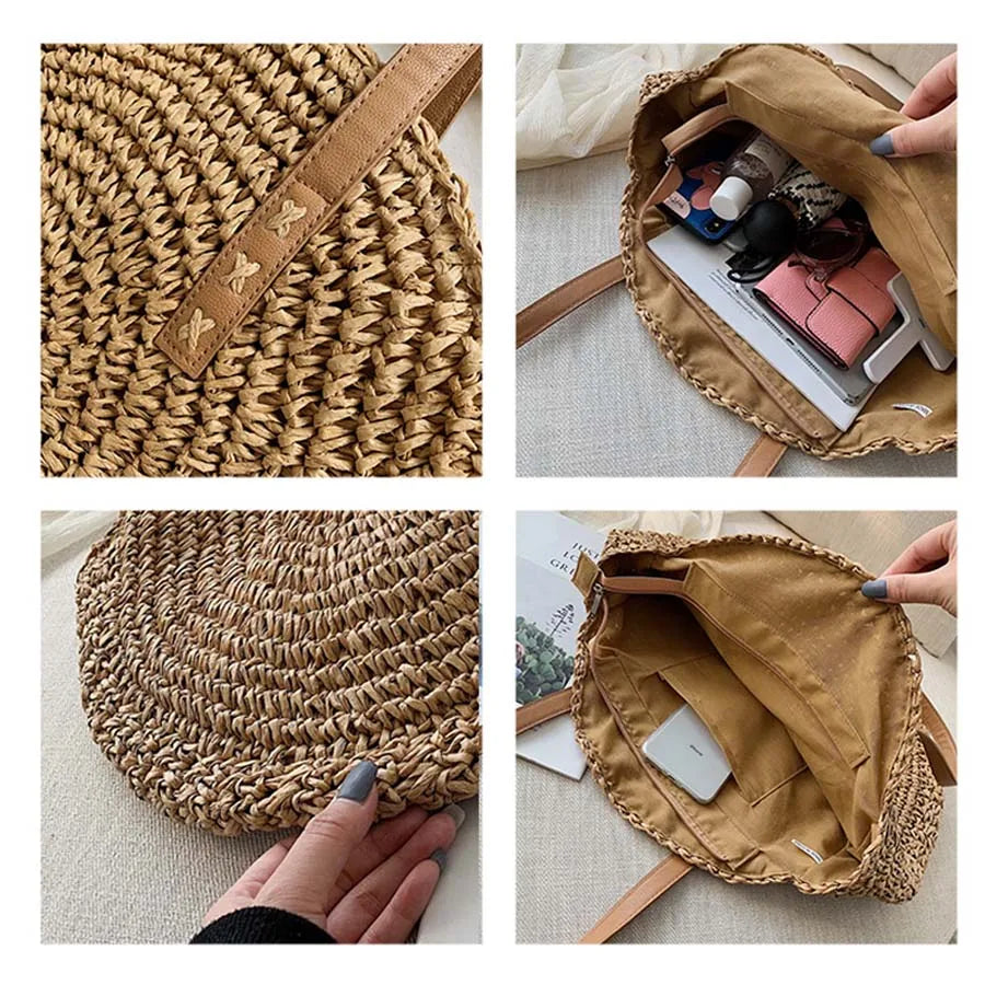 Circle Straw Handbag - Lightweight Natural Straw Circular Design Two Straps