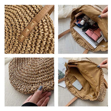 Circle Straw Handbag - Lightweight Natural Straw Circular Design Two Straps