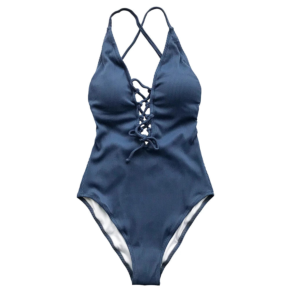 Backless Deep V-Neck One-Piece Swimsuit - Lightweight Spandex Best Seller