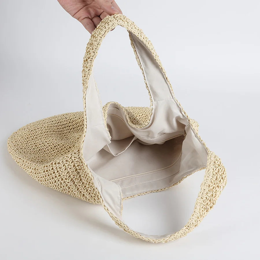 Fashion Straw Shoulder Bag - Genuine Straw Zipper Closure Lightweight Design