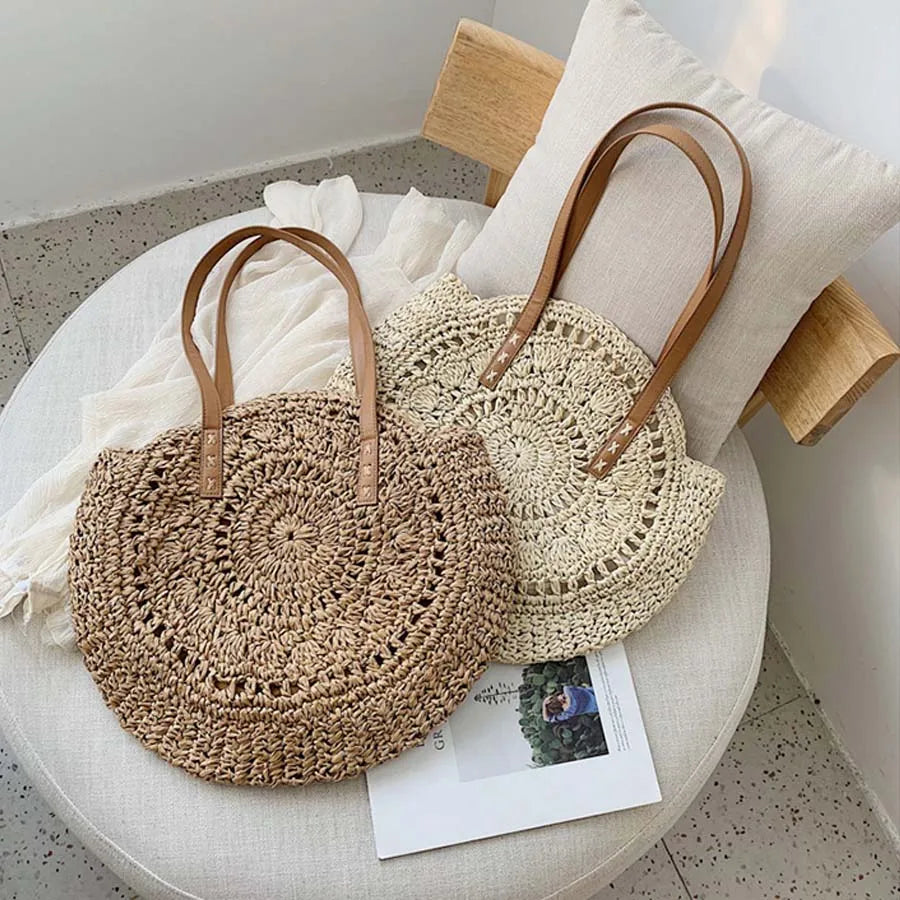 Circle Straw Handbag - Lightweight Natural Straw Circular Design Two Straps