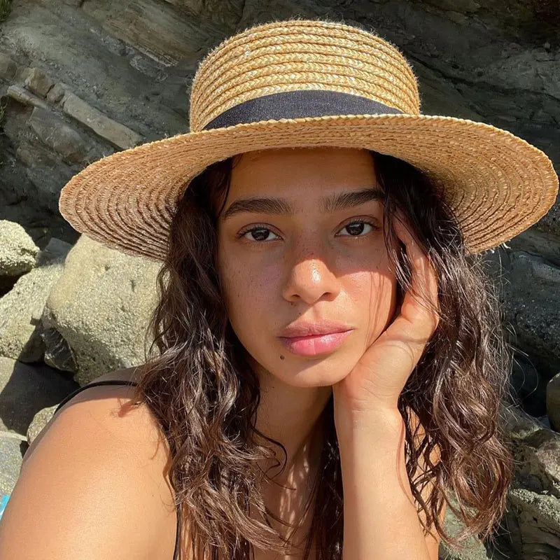 Summer Straw Sun Hat - Breathable Natural Patchwork Pattern Wide Brim