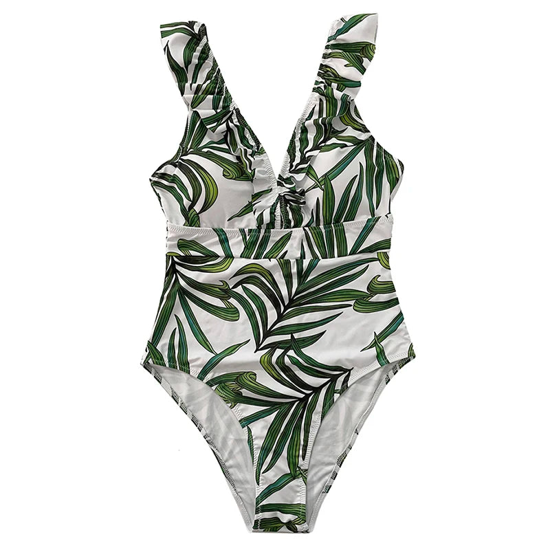 Striped Ruffled One-Piece Swimwear - Spandex Polyester Unique Feminine