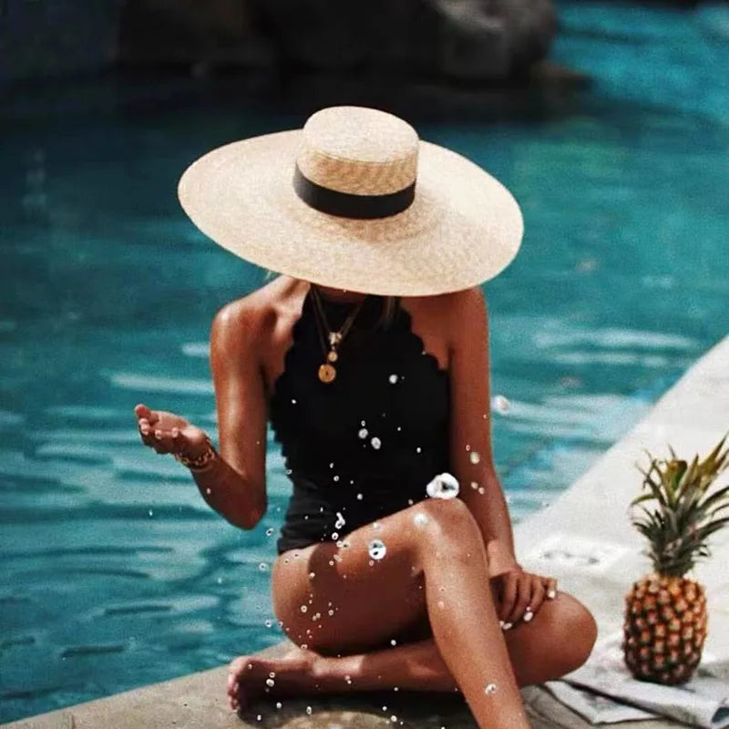 Big Brim Straw Hat - Classic Solid Pattern Adjustable 18cm Brim Style