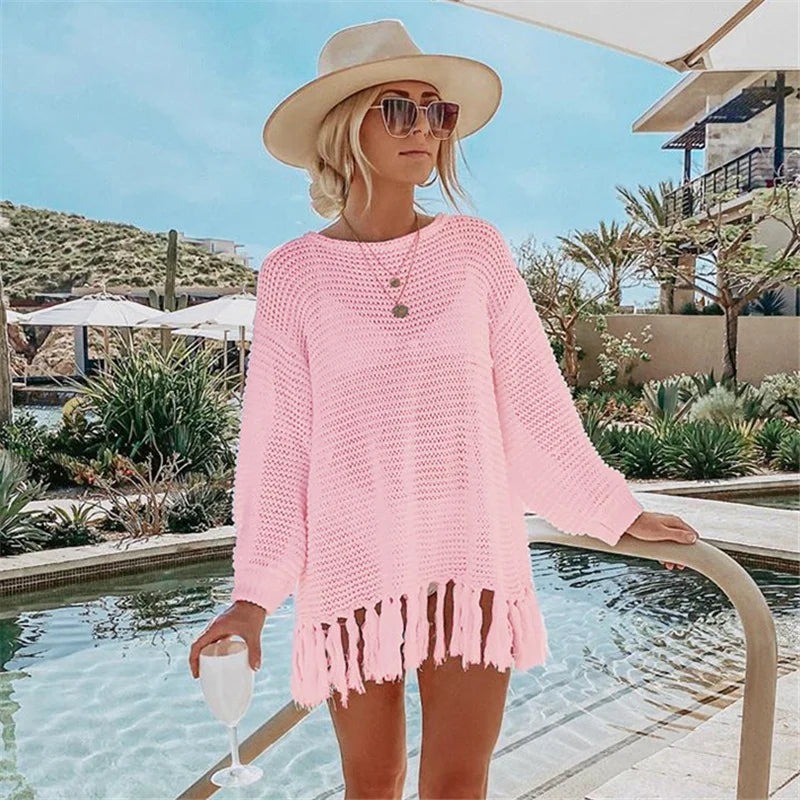 White Mesh Dress Bikini Cover Up with Tassel - Breathable Polyester Flirty