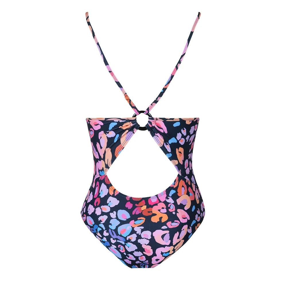 Leopard Print O-Ring One-Piece Swimsuit - Premium Polyester Wild Design