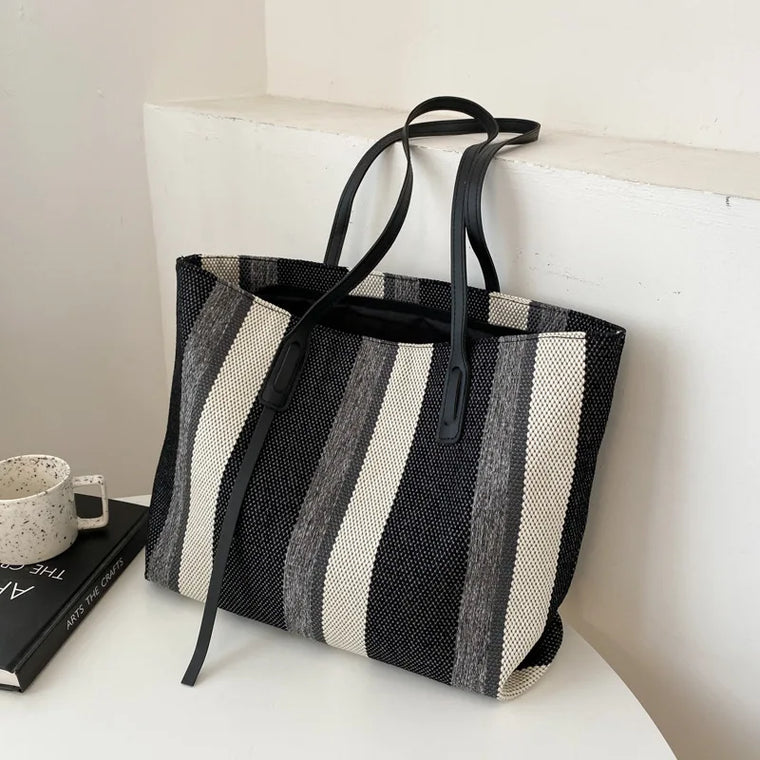 Beach Stripes Handbag - Premium Natural Straw Polyester Lined Classic Design