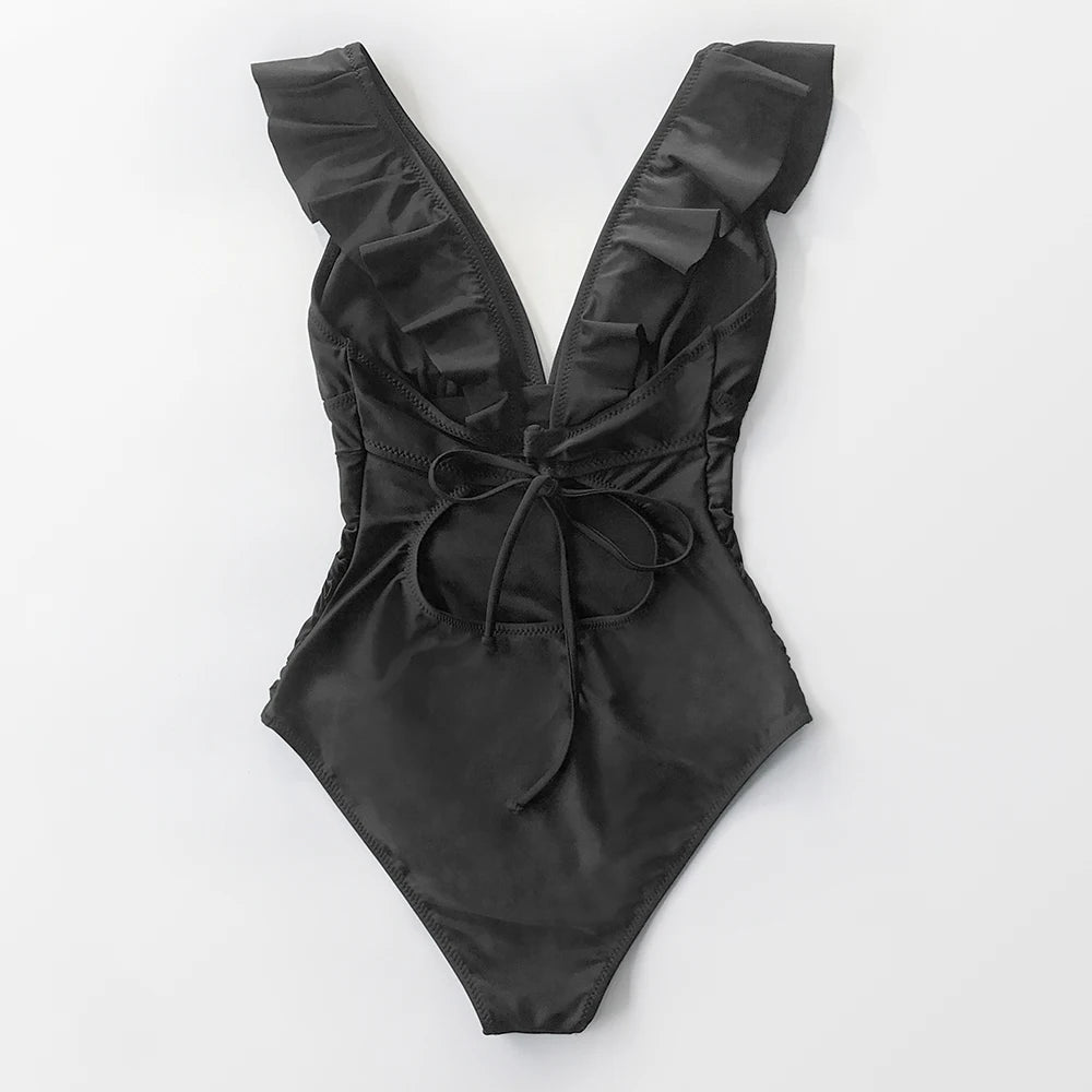 Solid Black Ruffled One-Piece Swimsuit - Spandex Playful Flattering Fit