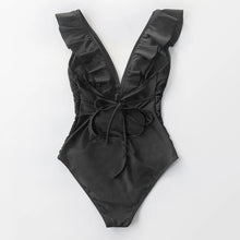 Solid Black Ruffled One-Piece Swimsuit - Spandex Playful Flattering Fit