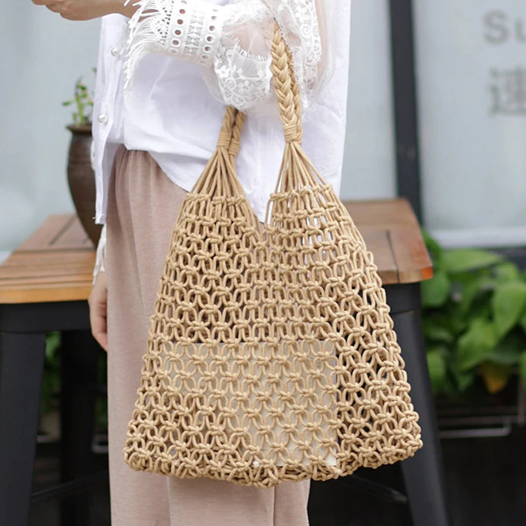 Knitted Rattan Large Capacity Handbag - Durable Natural Straw 35x38cm