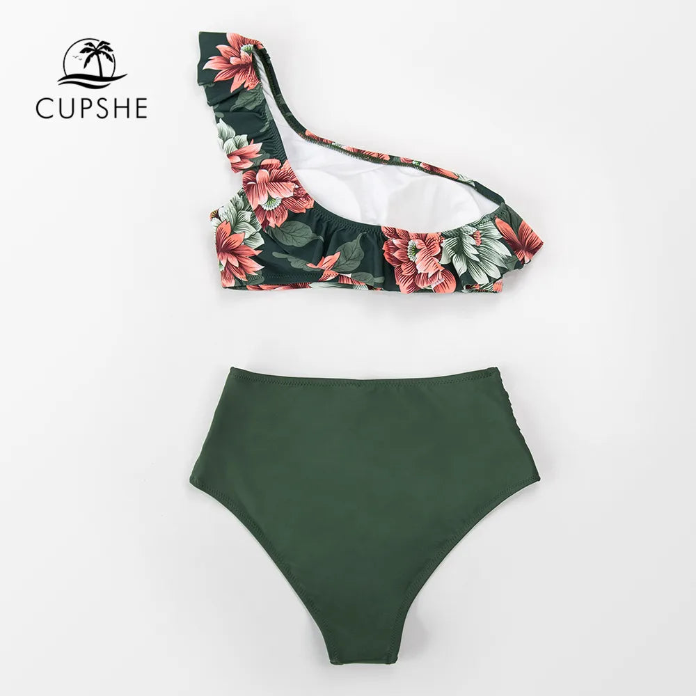 White and Lemon One Shoulder Bikini Set - Floral Polyester Fresh Design