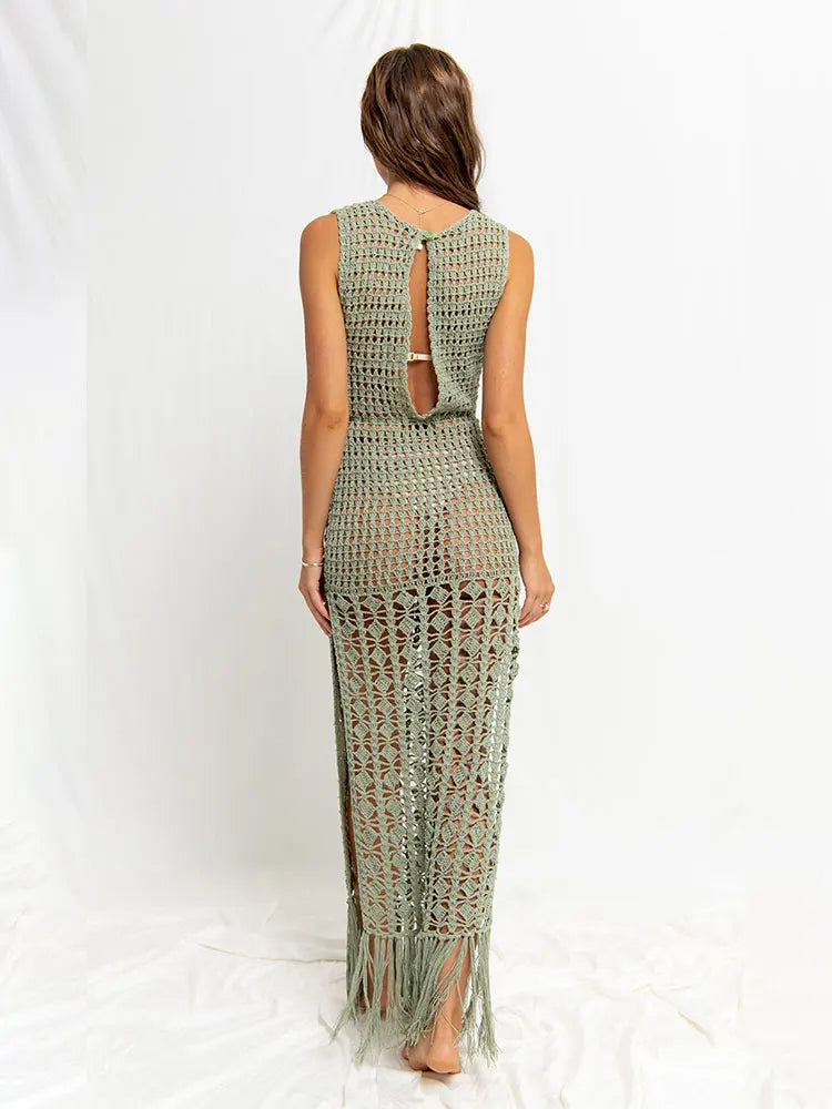 Green Crochet Tunic Bikini Cover Up - Lightweight Polyester Artisan Style