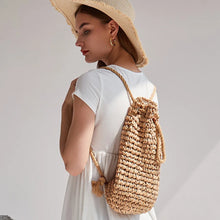 Summer Straw Drawstring Backpack - Premium Natural Straw Polyester Lined Beach Bag