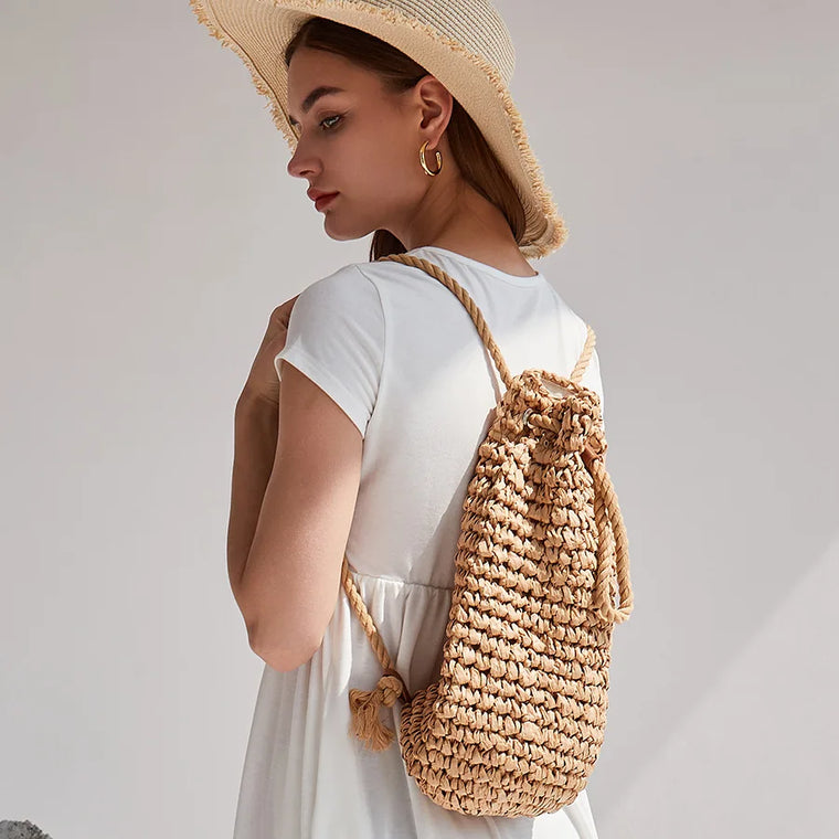 Summer Straw Drawstring Backpack - Premium Natural Straw Polyester Lined Beach Bag