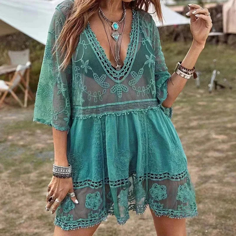 Deep V-Neck Boho Beach Dress - Silky Polyester Rayon Blend Resort Wear