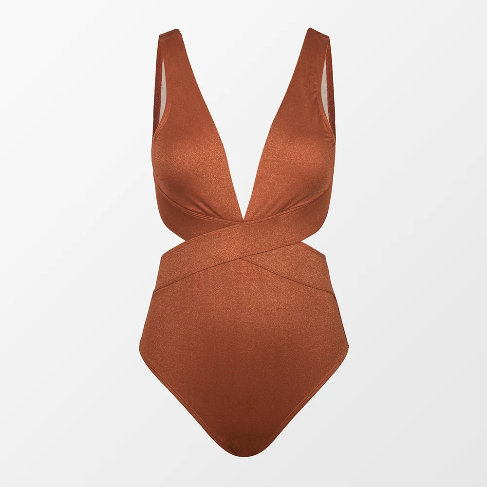 Shiny Plunge Cutout One-Piece Swimsuit - Spandex Polyester Figure-Enhancing