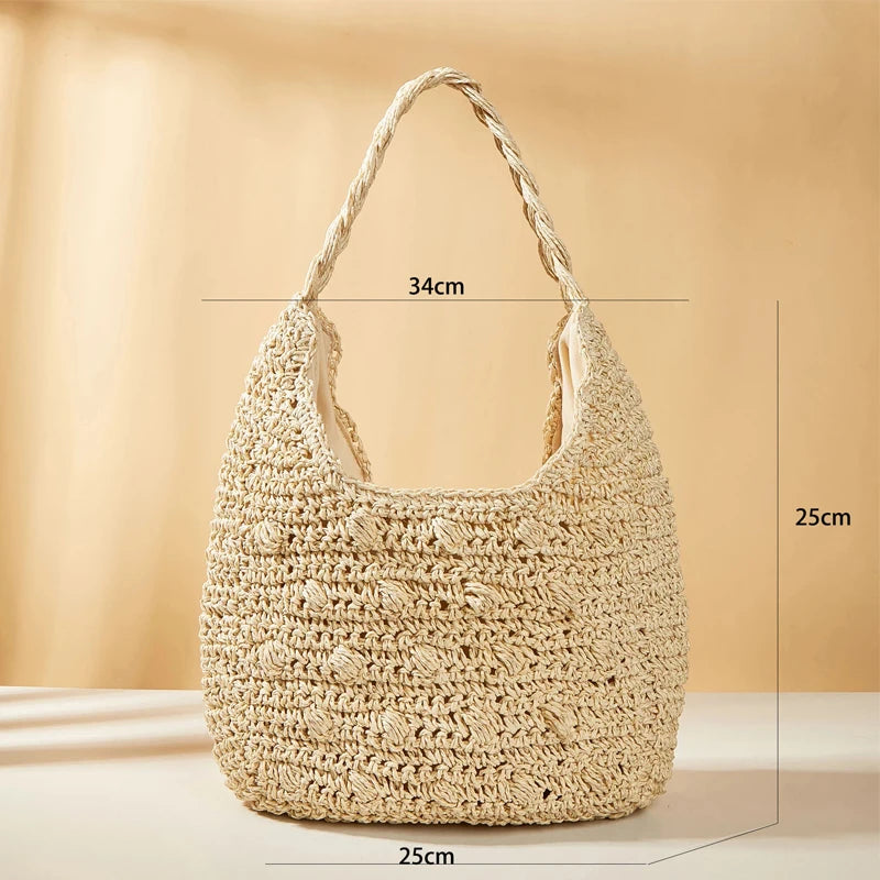 Fashion Straw Shoulder Bag - Genuine Straw Zipper Closure Lightweight Design