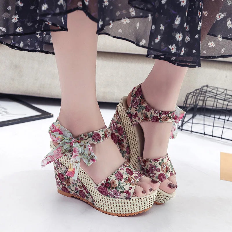 Floral High Heel Wedge Sandals - 8cm Lace Platform Romantic Design