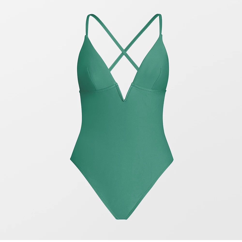 V-Wire Plunge Neck One-Piece Swimsuit - Luxurious Solid Fabric Blend