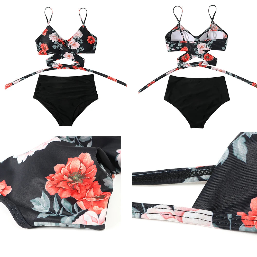 High Waist Plaid Sexy Bikini Set - Polyester Spandex Preppy Bold Design