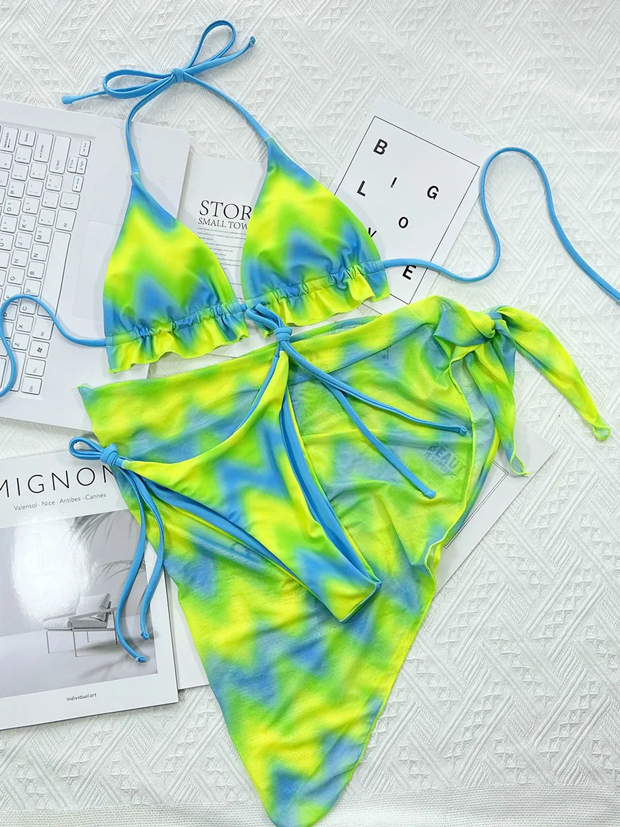 Tie Dye Halter Ruffled Bikini Set - Removable Pads Artistic Design