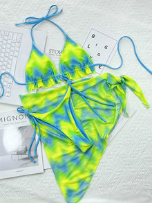 Tie Dye Halter Ruffled Bikini Set - Removable Pads Artistic Design