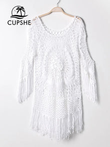 White Crochet Bikini Cover Up with Fringe Trim - Cotton Polyester Best Seller