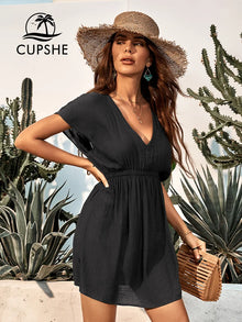 Black Plunge Elastic Waist Bikini Cover Up - Durable Polyester New Arrival