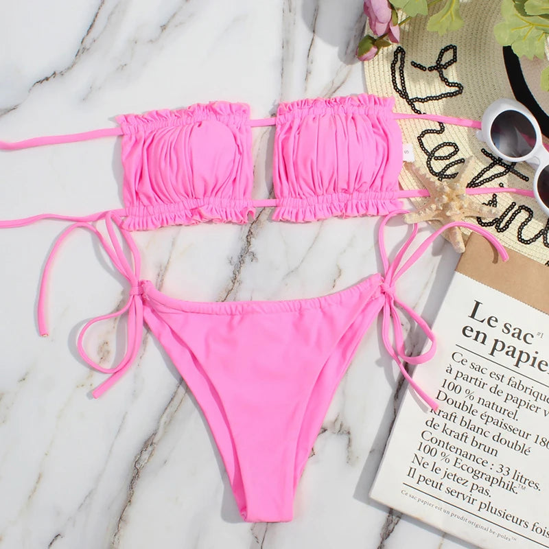 Polka Dot Print Mid-Waist Bikini Set - Retro Polyester Vintage Design